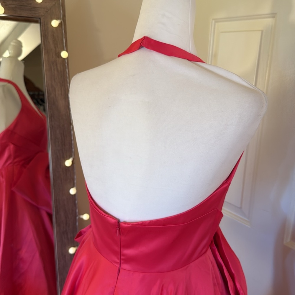 Mac Duggal Hot Pink Satin Plunge-Neck Maxi Gown with Bow - Picture 10 of 12